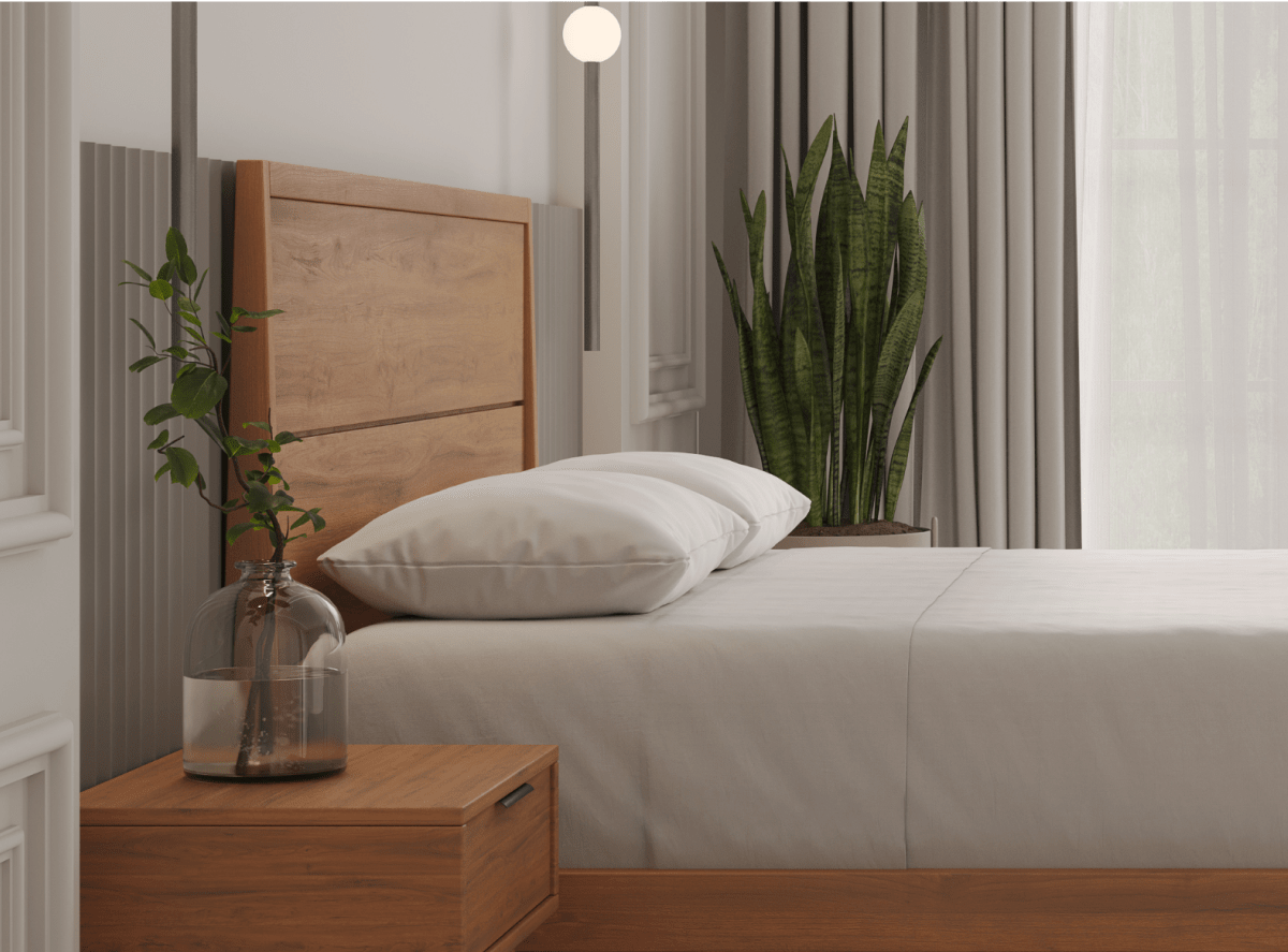 A render of the Ludlow bed frame in dark brown in a bedroom scene