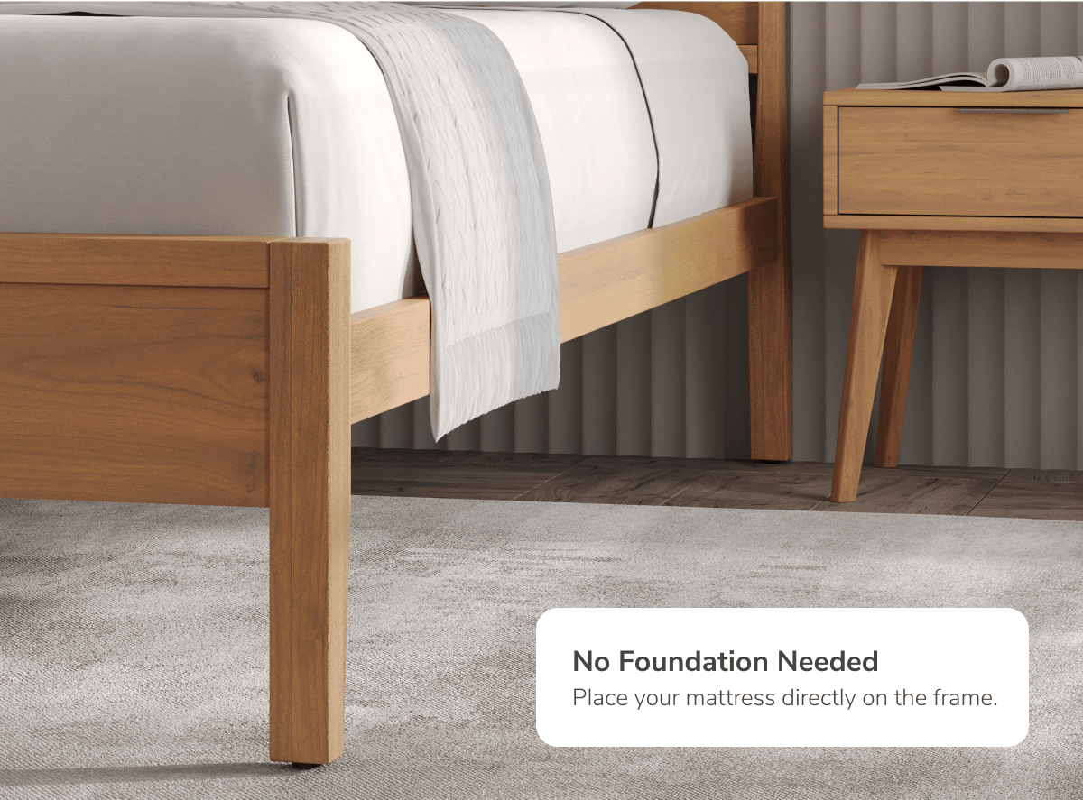 A closeup image of the Ludlow Bed Frame with a callout explaining no additional box spring is needed. Your mattress goes directly on top.