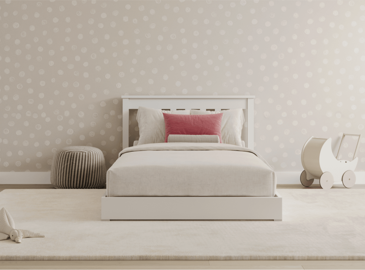 A rendered image showing the Gramercy Bed Frame in a bedroom setting