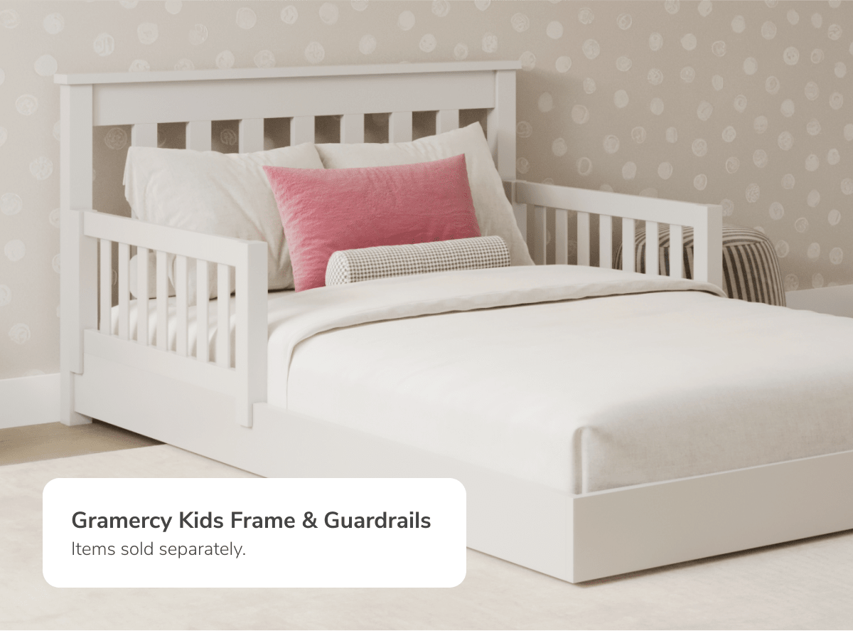 A rendered image showing the Bryant Bed Frame in a bedroom setting with a callout noting the Bed Frame and Guardrails are sold separately