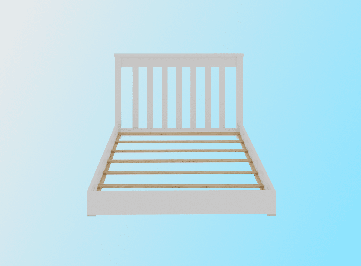 The Gramercy Kids Bed Frame in White on a blue gradient background