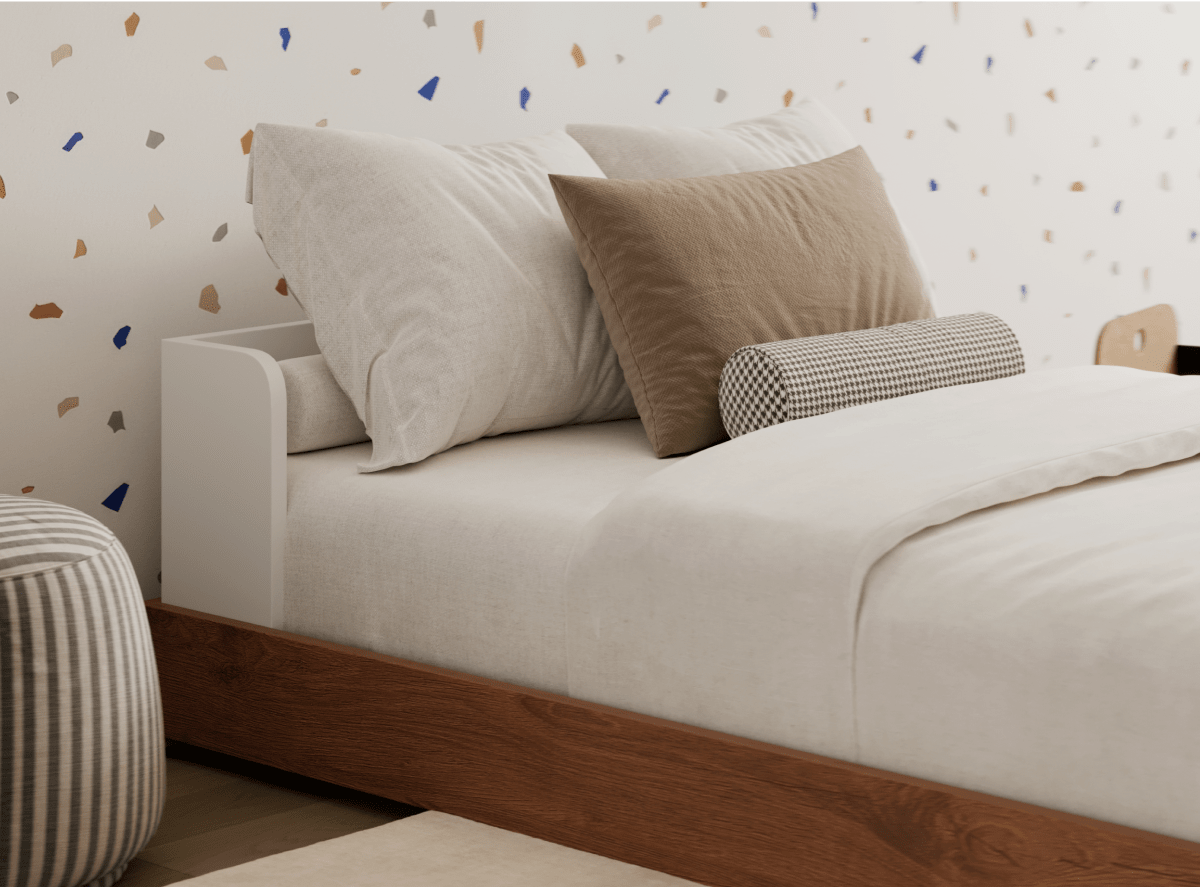 A rendered image showing the Bryant Bed Frame in a bedroom setting