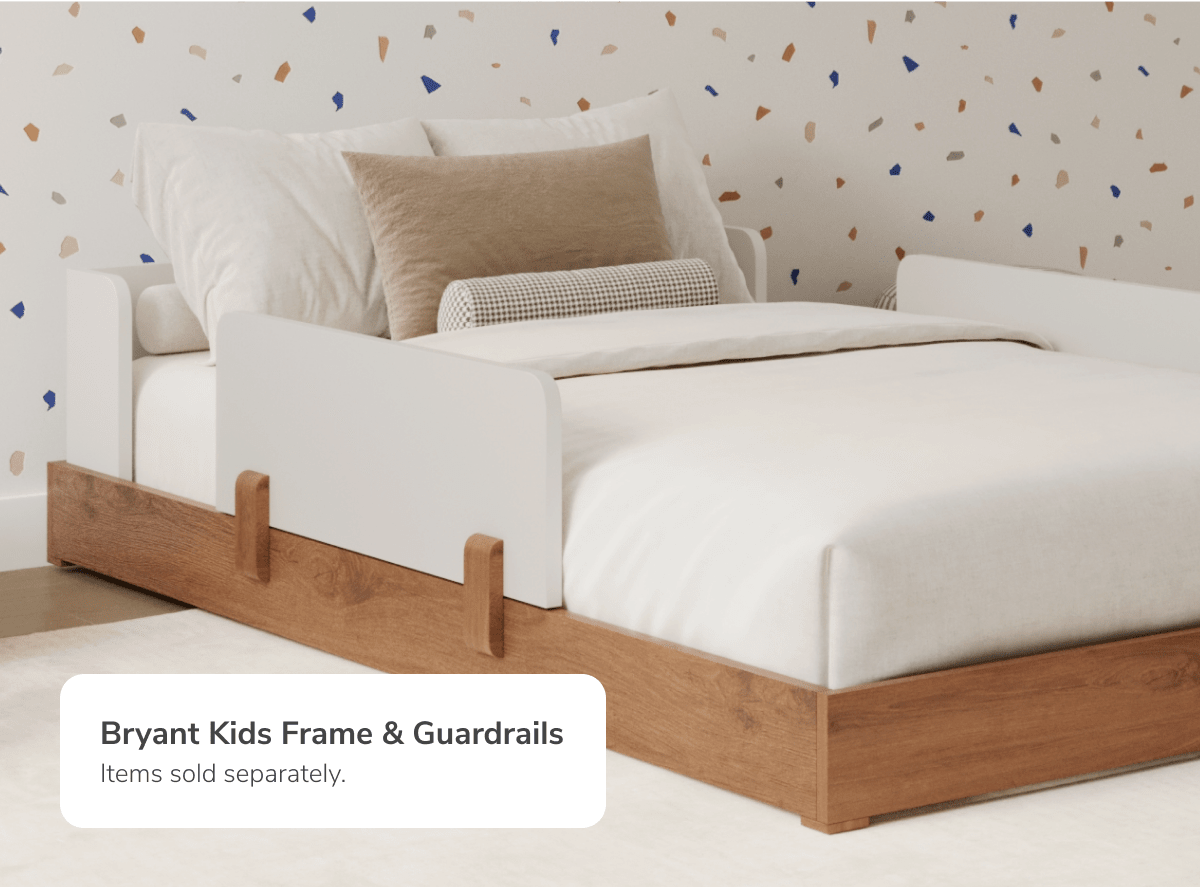 A rendered image showing the Bryant Bed Frame in a bedroom setting with a callout noting the Bed Frame and Guardrails are sold separately