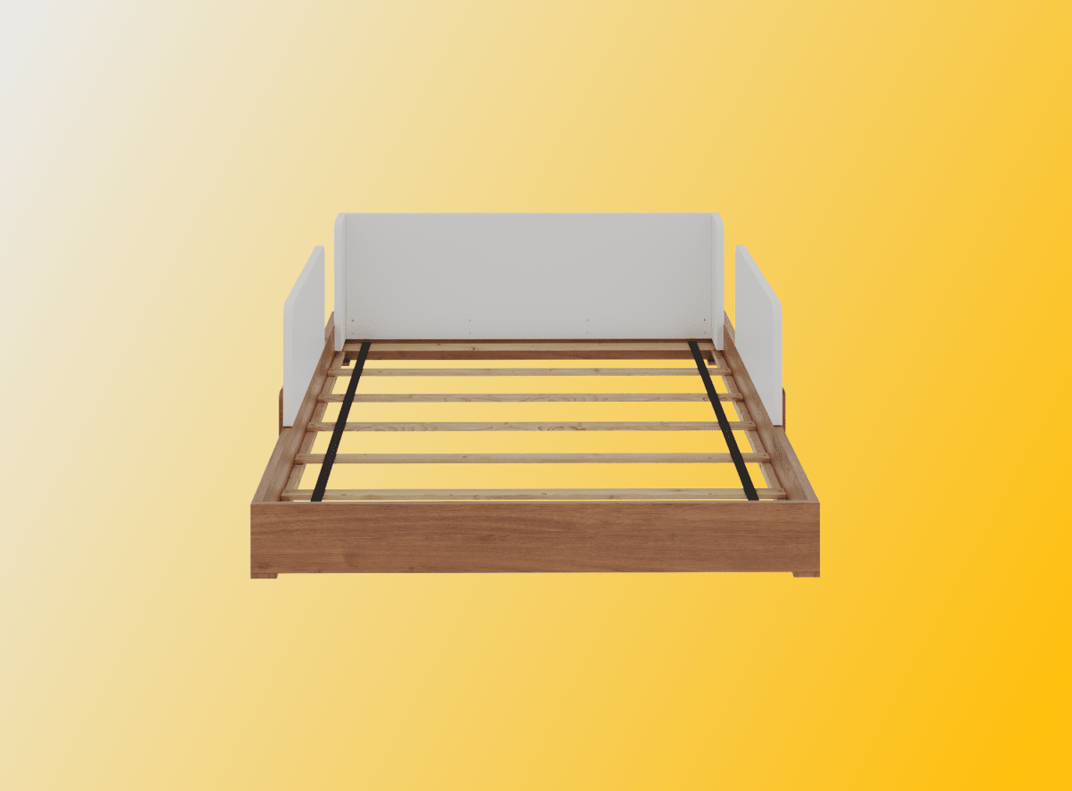 The Gramercy Kids Bed Frame in Wood on an orange gradient background