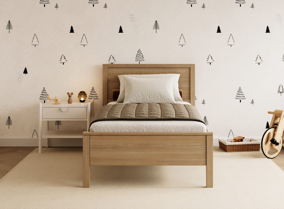 A rendered image of the Cooper Bed Frame in a kids bedroom scene