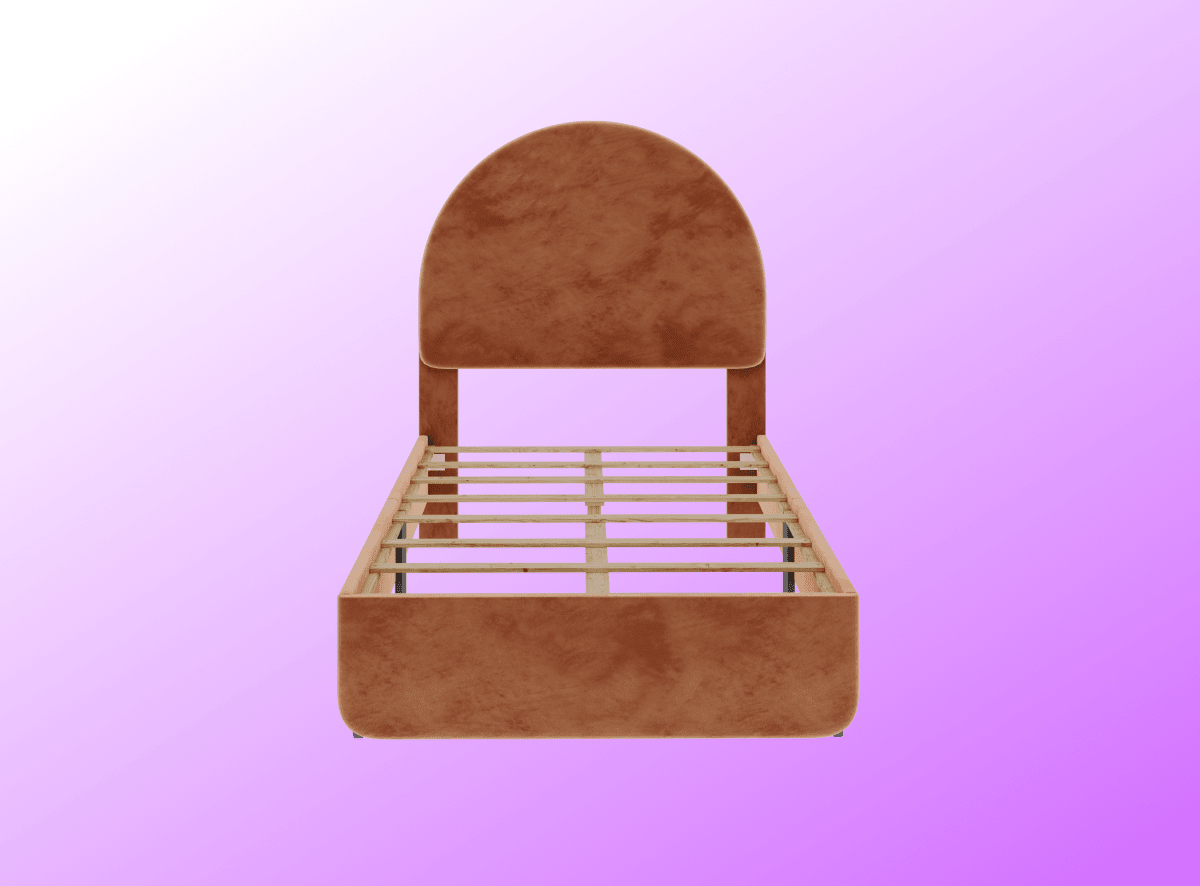 The Astor Bed Frame in pink on a pink gradient background