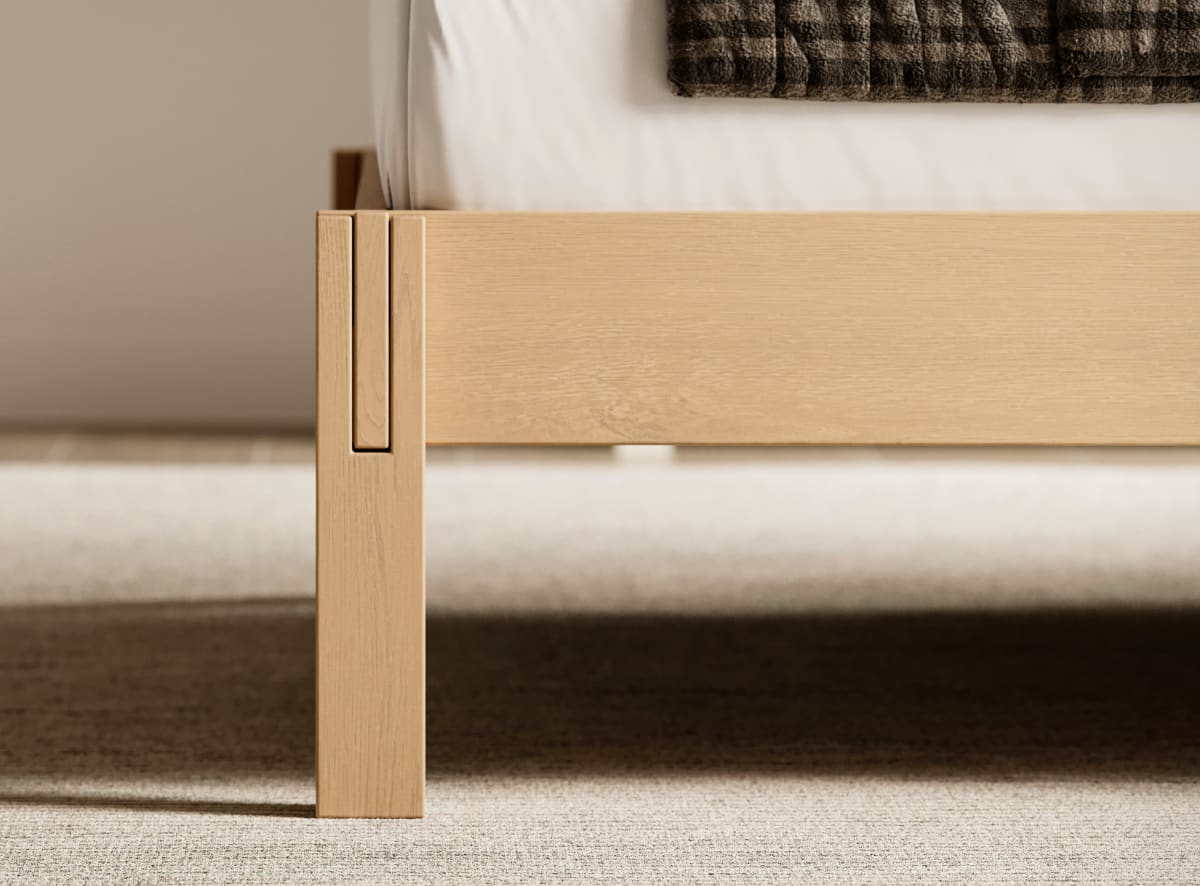 A closeup rendered image of the Madison Bed Frame in a bedroom scene