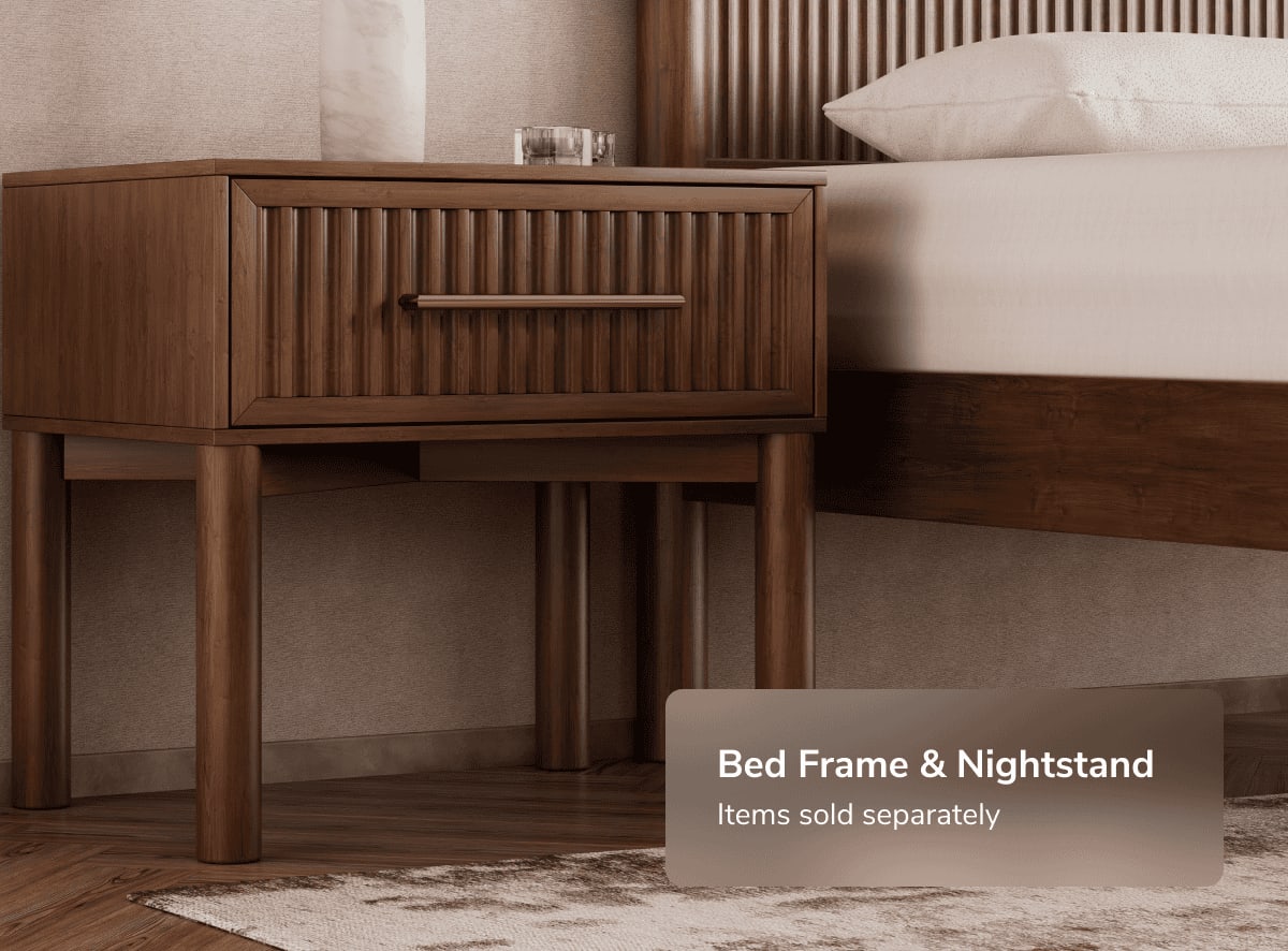 A closeup image of the Varick Bed Frame showing the Bed Frame and Nightstand are sold separately