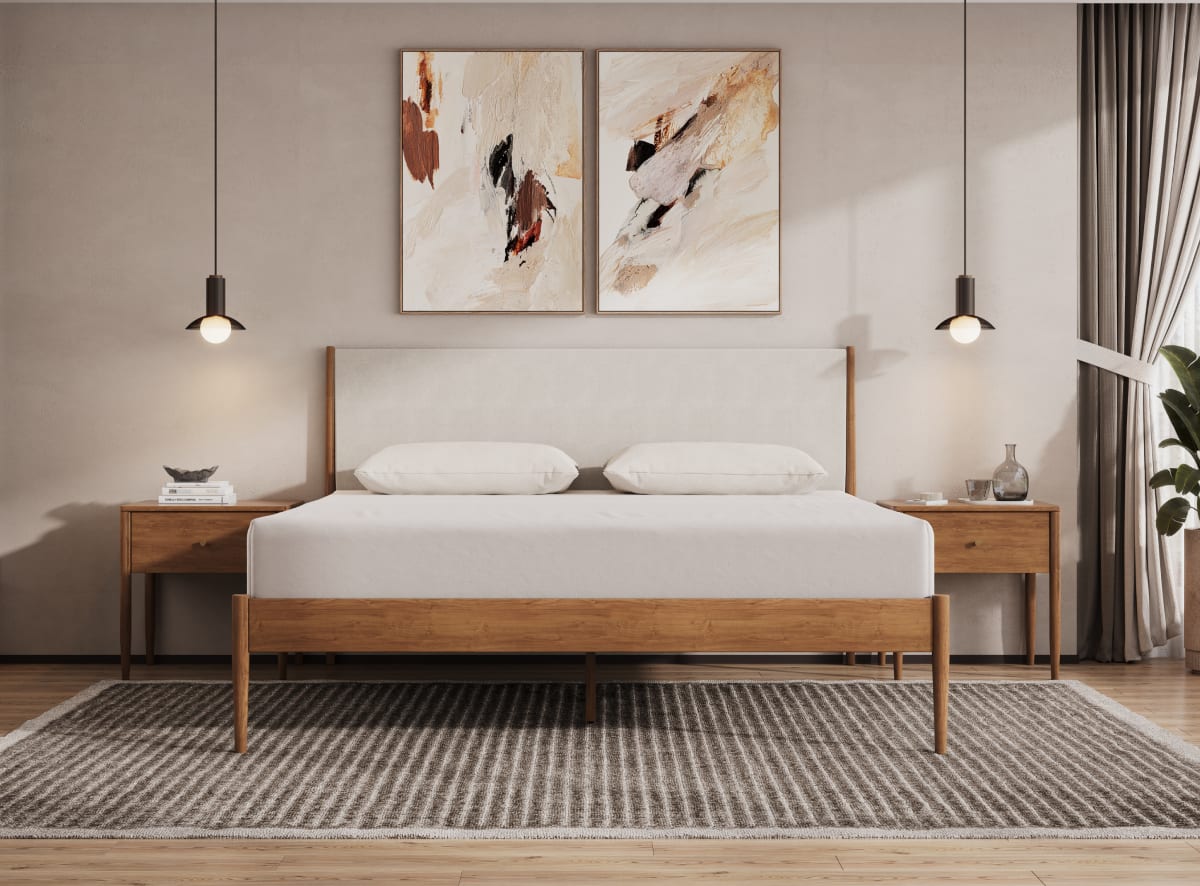 A render of the Waverly Bed Frame in a bedroom scene with a mattress on top