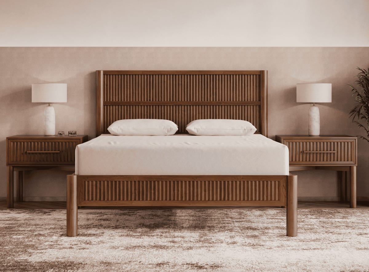 A rendered image of the Varick Bed Frame in a bedroom scene