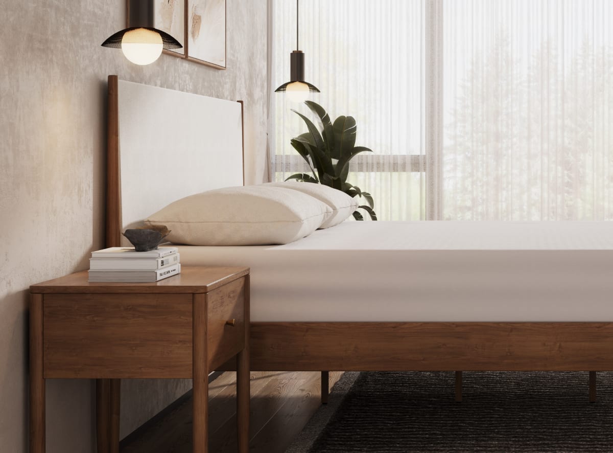 A render of the Waverly Bed Frame in a bedroom scene with a mattress on top