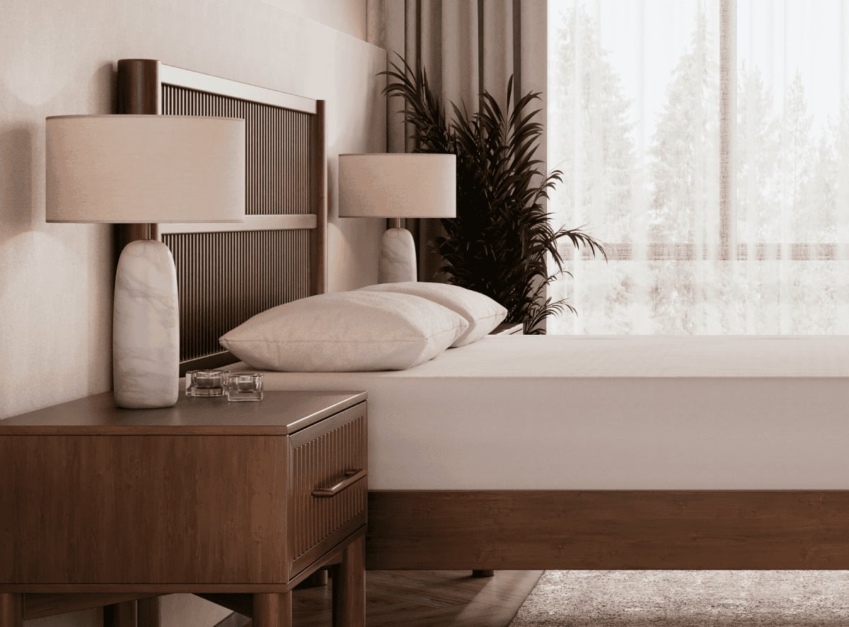 A rendered image of the Varick Bed Frame in a bedroom scene