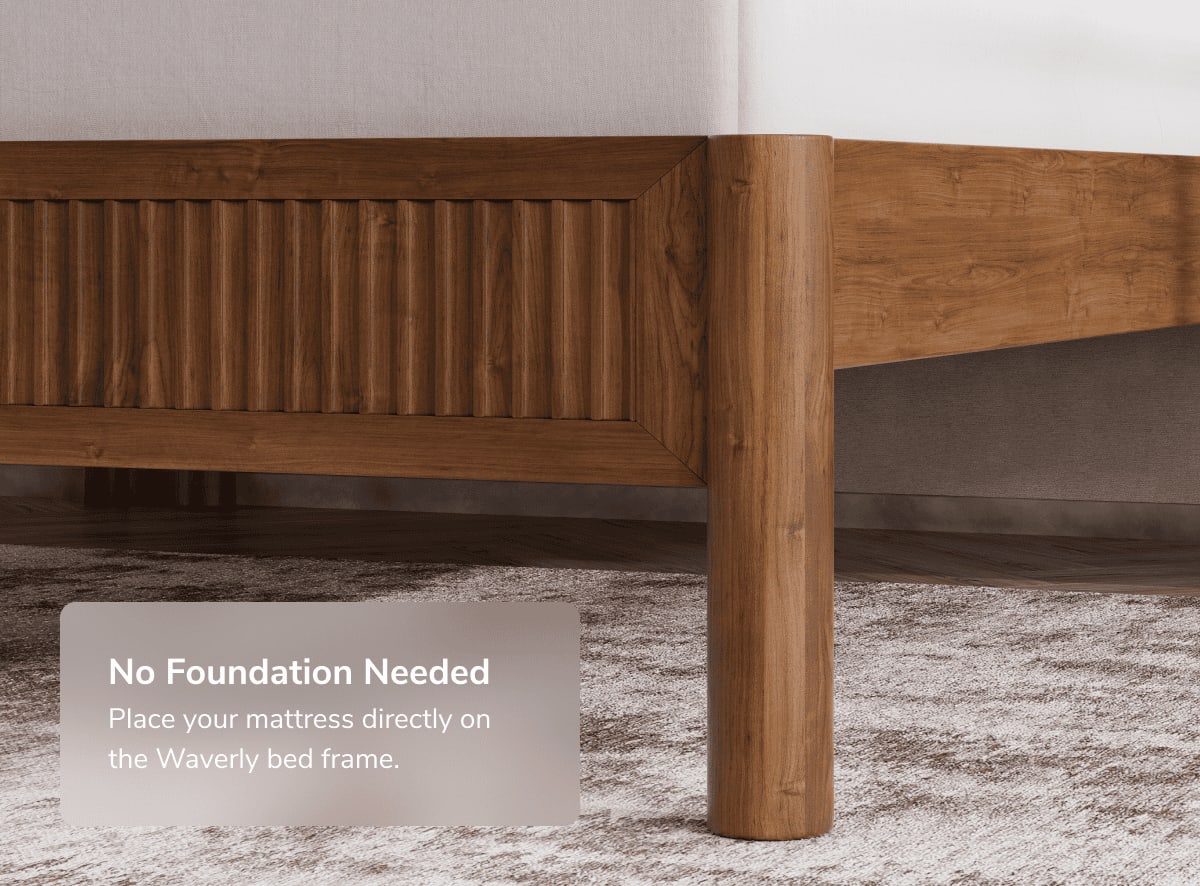 A rendered image of the Varick Bed Frame in a bedroom scene with a callout that no foundation is needed.