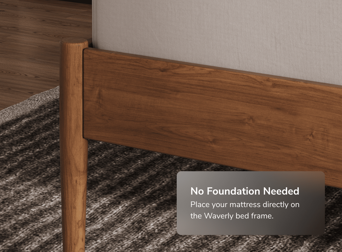 A render of the Waverly Bed Frame in a bedroom scene with a callout that no additional foundation or support is needed with this frame