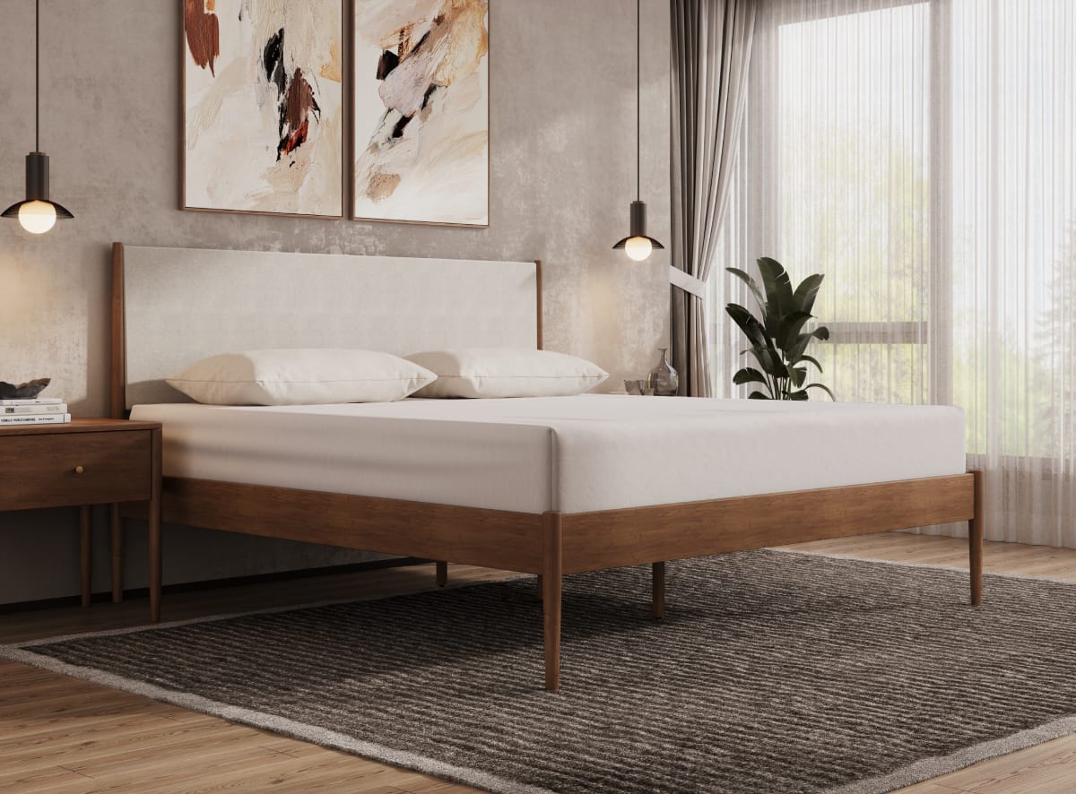 A render of the Waverly Bed Frame in a bedroom scene with a mattress on top