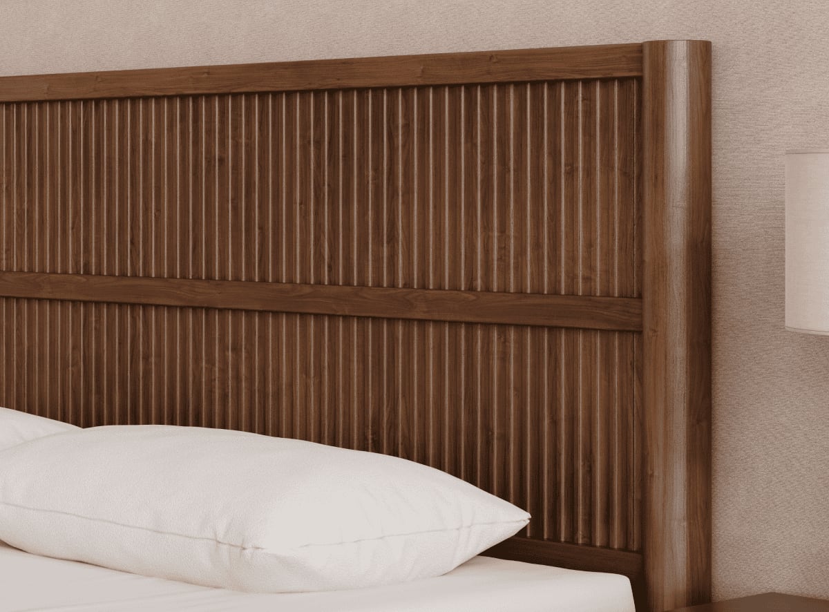 A rendered image of the Varick Bed Frame in a bedroom scene