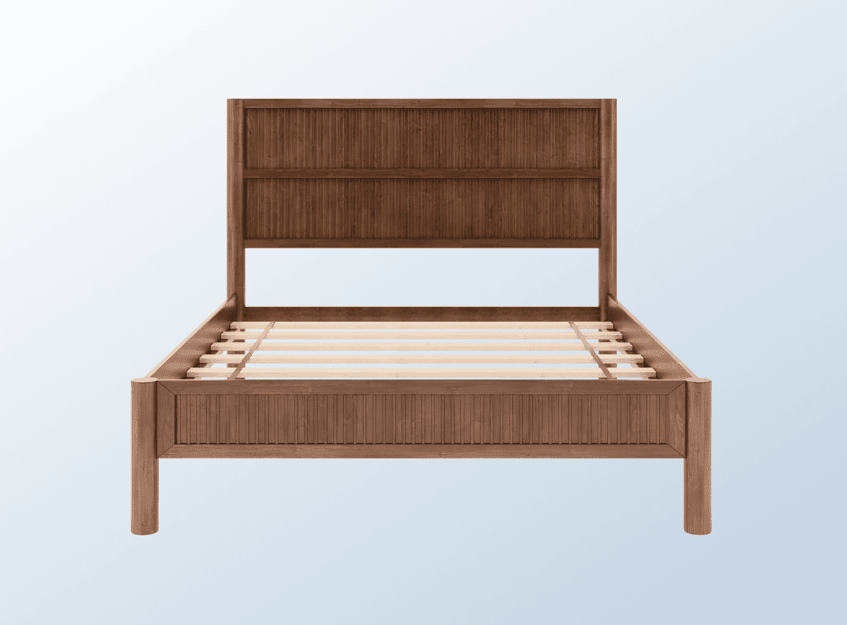 A rendered image of the Varick Bed Frame on a blue gradient background