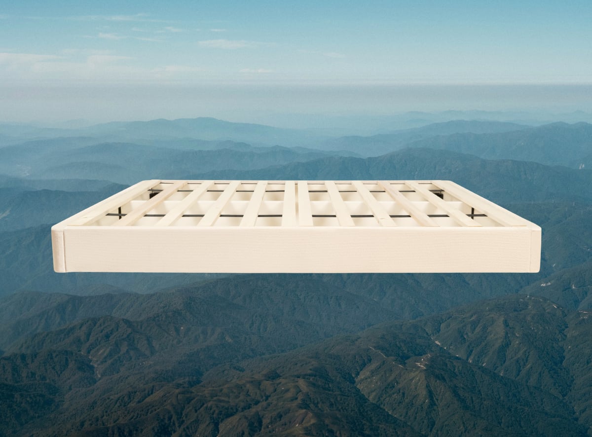A product shot of the Birch Foundation on a mountain scene background