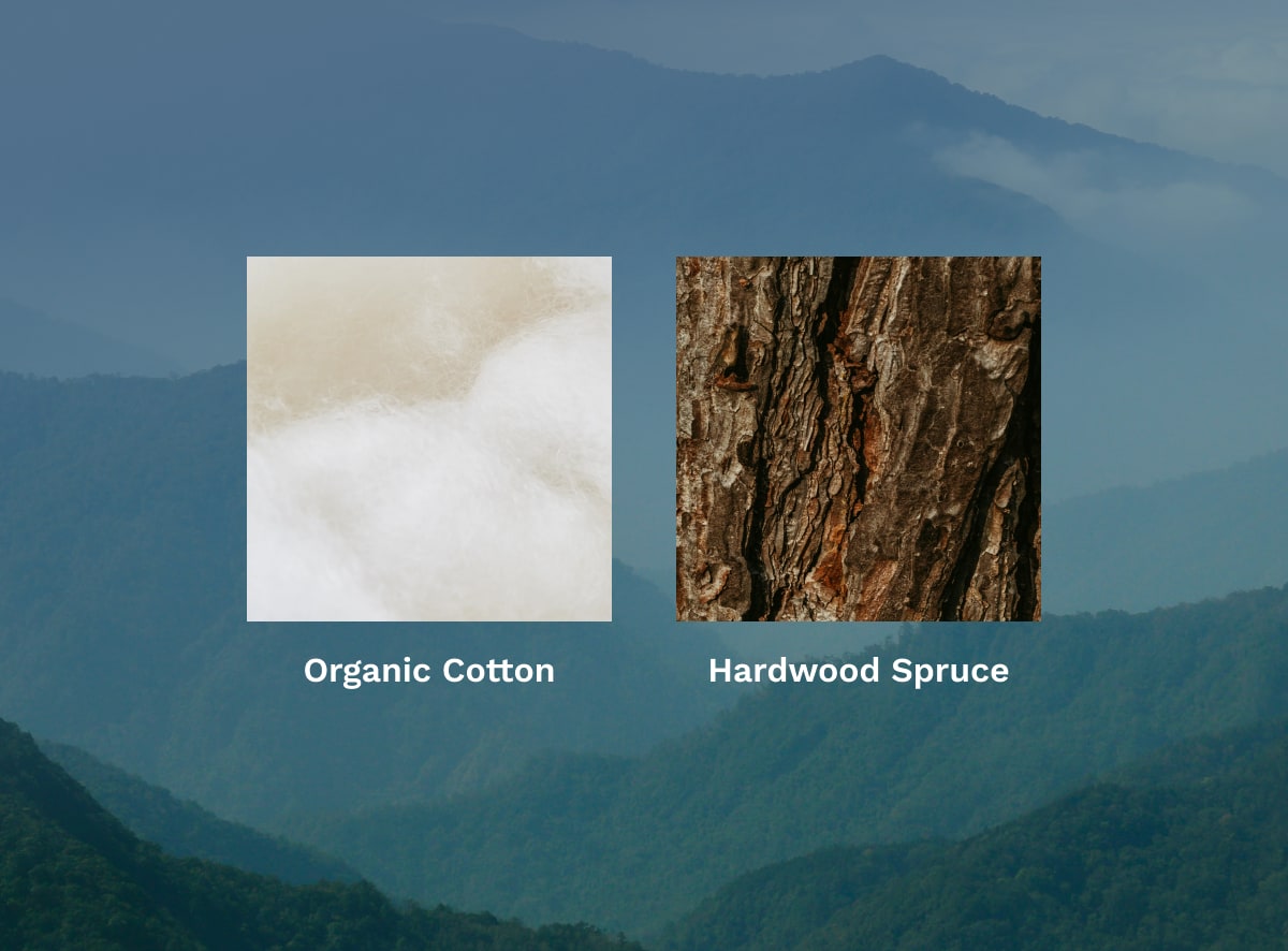 A closeup image showcasing the cotton and spruce wood in the Foundation