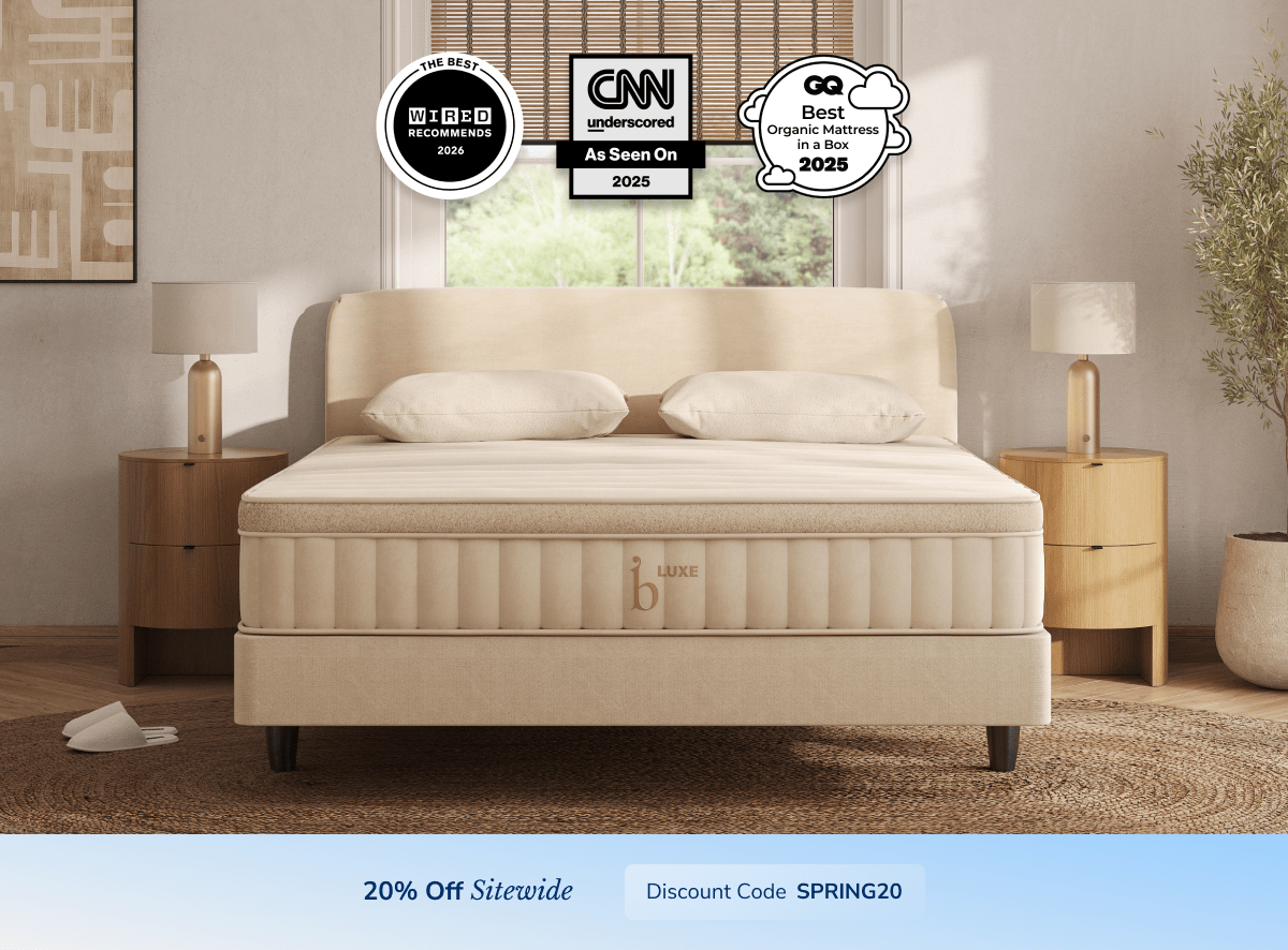 A rendered image of the Birch mattress with a callout to save 20% sitewide using the code SPRING20