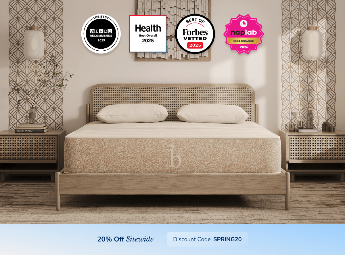A rendered image of the Birch mattress with a callout to save 20% sitewide using the code SPRING20