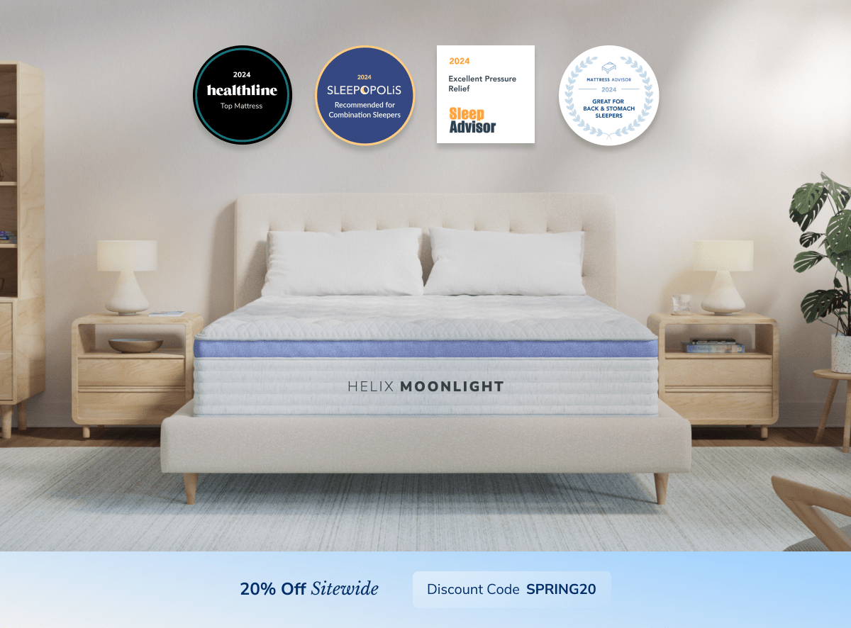 A rendered image of the Helix mattress with a callout to save 20% sitewide using the code SPRING20