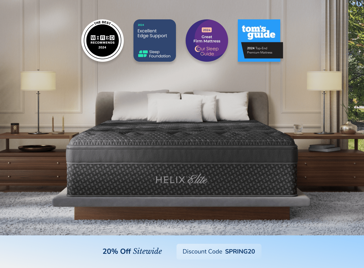 A rendered image of the Helix Elite mattress with a callout to save 20% sitewide using the code SPRING20