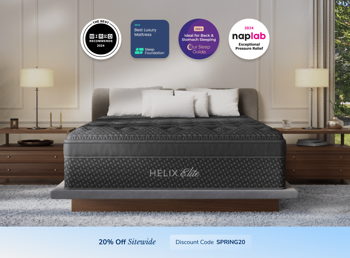 A rendered image of the Helix Elite mattress with a callout to save 20% sitewide using the code SPRING20