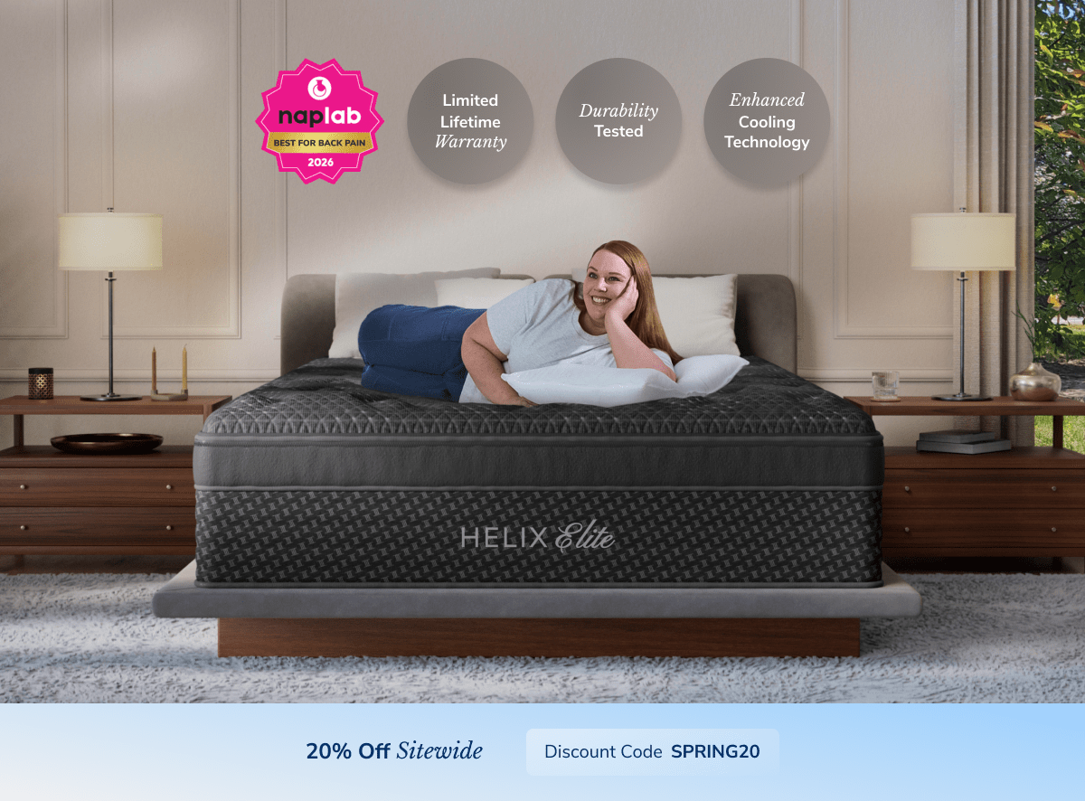 A rendered image of the Helix Elite mattress with a callout to save 20% sitewide using the code SPRING20