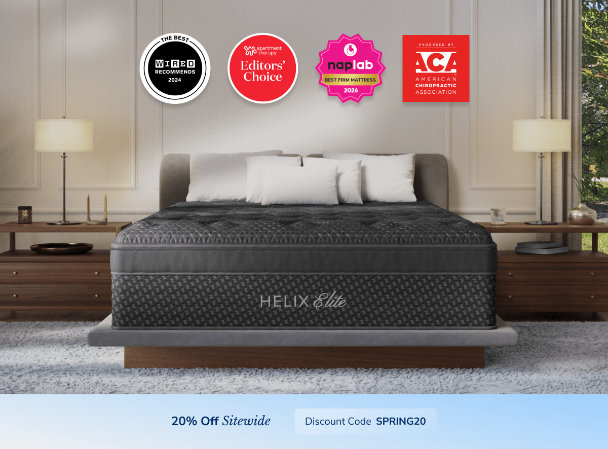 A rendered image of the Helix Elite mattress with a callout to save 20% sitewide using the code SPRING20