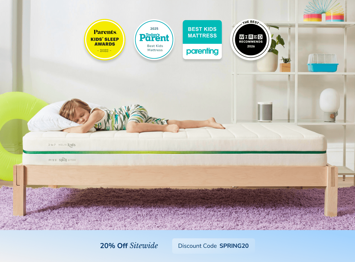 A rendered image of the Helix Kids mattress with a callout to save 20% sitewide using the code SPRING20