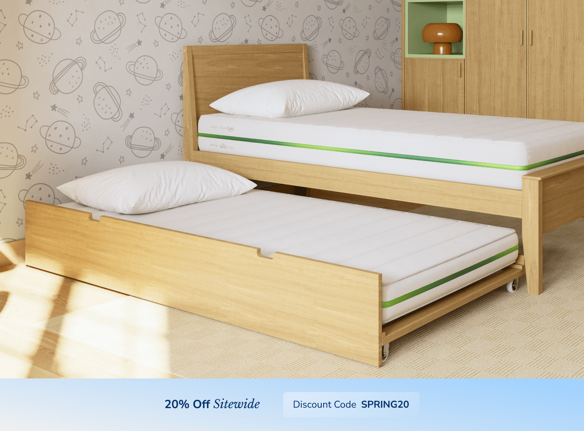 A rendered image of the Helix trundle mattress with a callout to save 20% sitewide using the code SPRING20