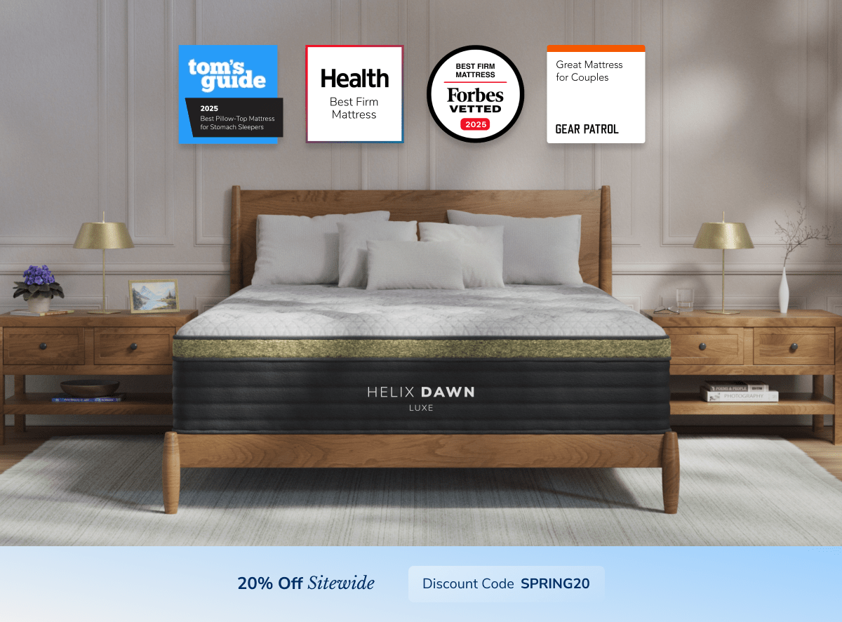 A rendered image of the Helix Luxe mattress with a callout to save 20% sitewide using the code SPRING20