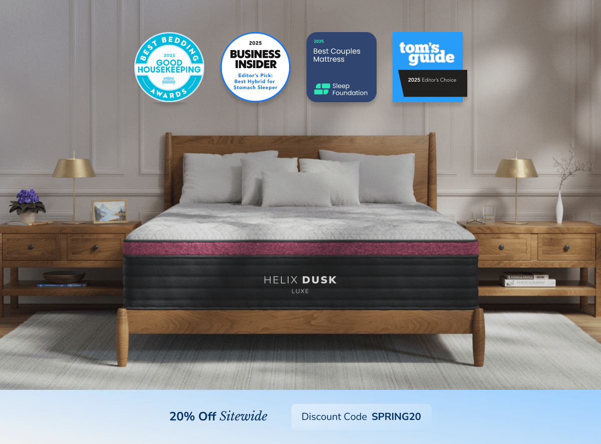 A rendered image of the Helix Luxe mattress with a callout to save 20% sitewide using the code SPRING20