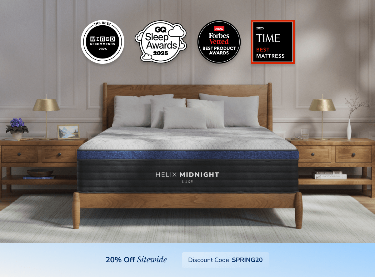 A rendered image of the Helix Luxe mattress with a callout to save 20% sitewide using the code SPRING20
