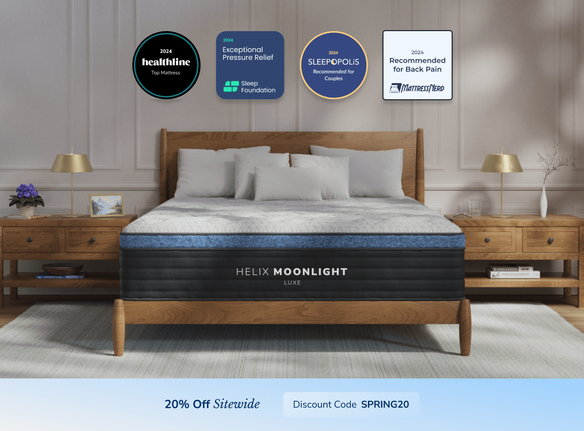 A rendered image of the Helix Luxe mattress with a callout to save 20% sitewide using the code SPRING20