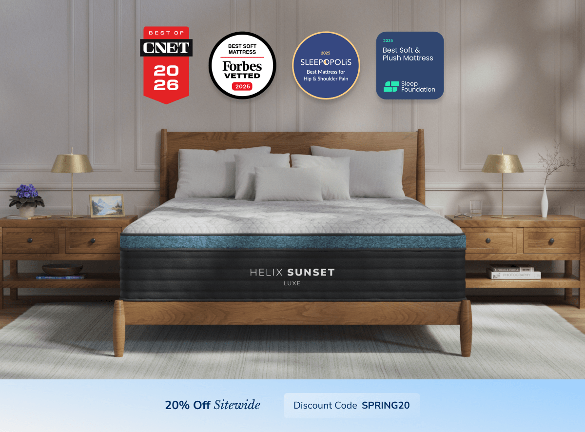 A rendered image of the Helix Luxe mattress with a callout to save 20% sitewide using the code SPRING20
