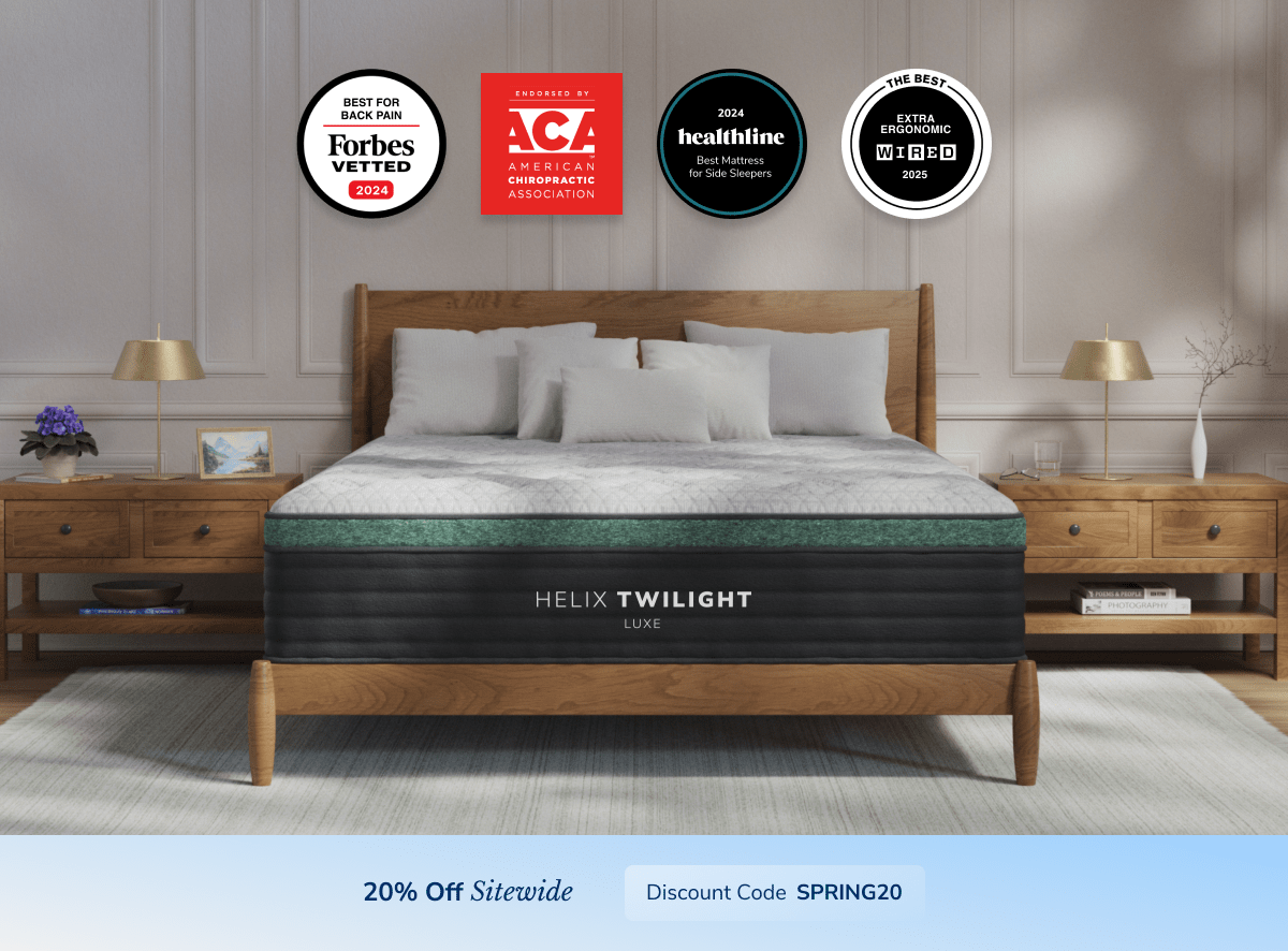 A rendered image of the Helix Luxe mattress with a callout to save 20% sitewide using the code SPRING20
