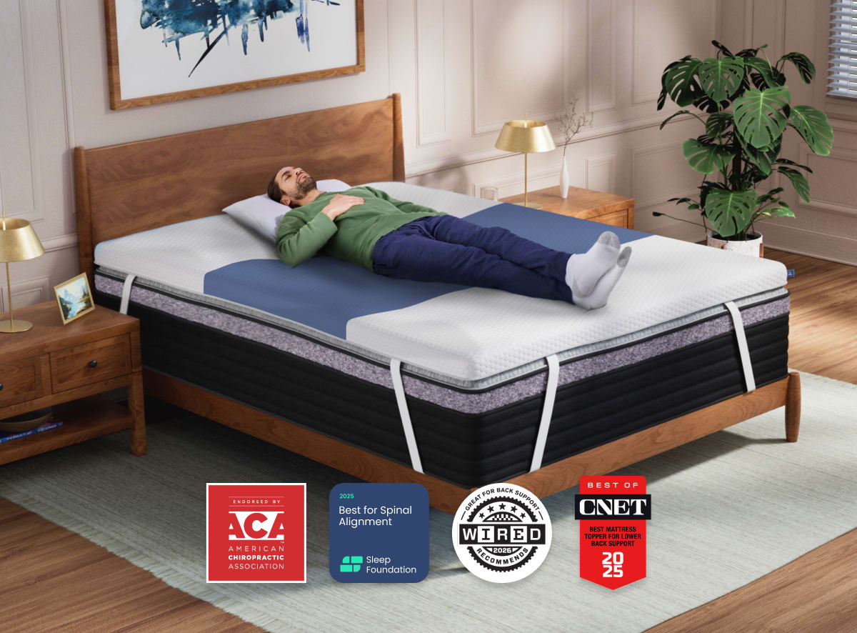 A rendered image of the ErgoAlign Mattress Topper with its badges and awards featured across the bottom