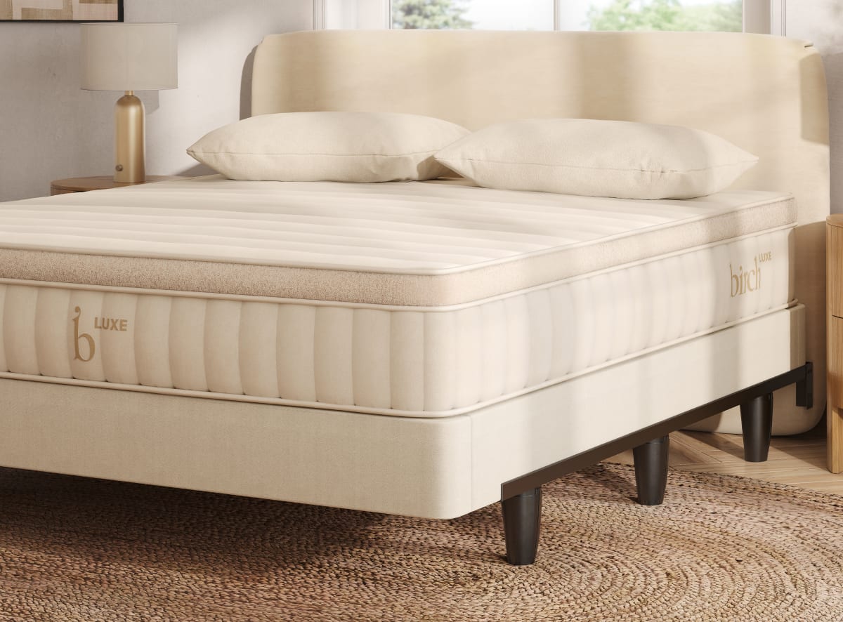 An image of the metal bed frame with a foundation and Birch Luxe Natural Mattress on top