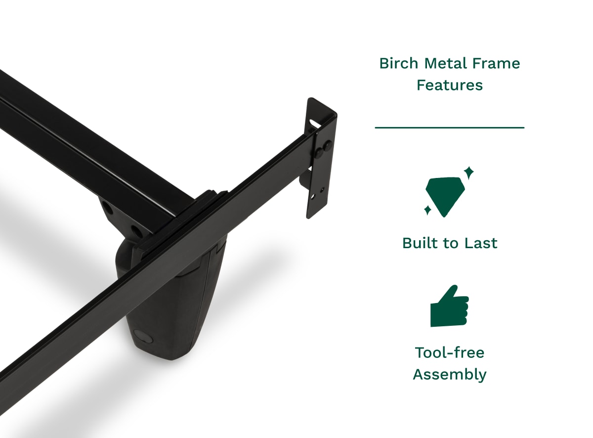A closeup image of the Metal Bed Frame with callouts to its durability and tool-free assembly