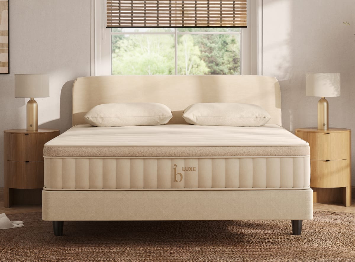 An image of the metal bed frame with a foundation and Birch Luxe Natural Mattress on top