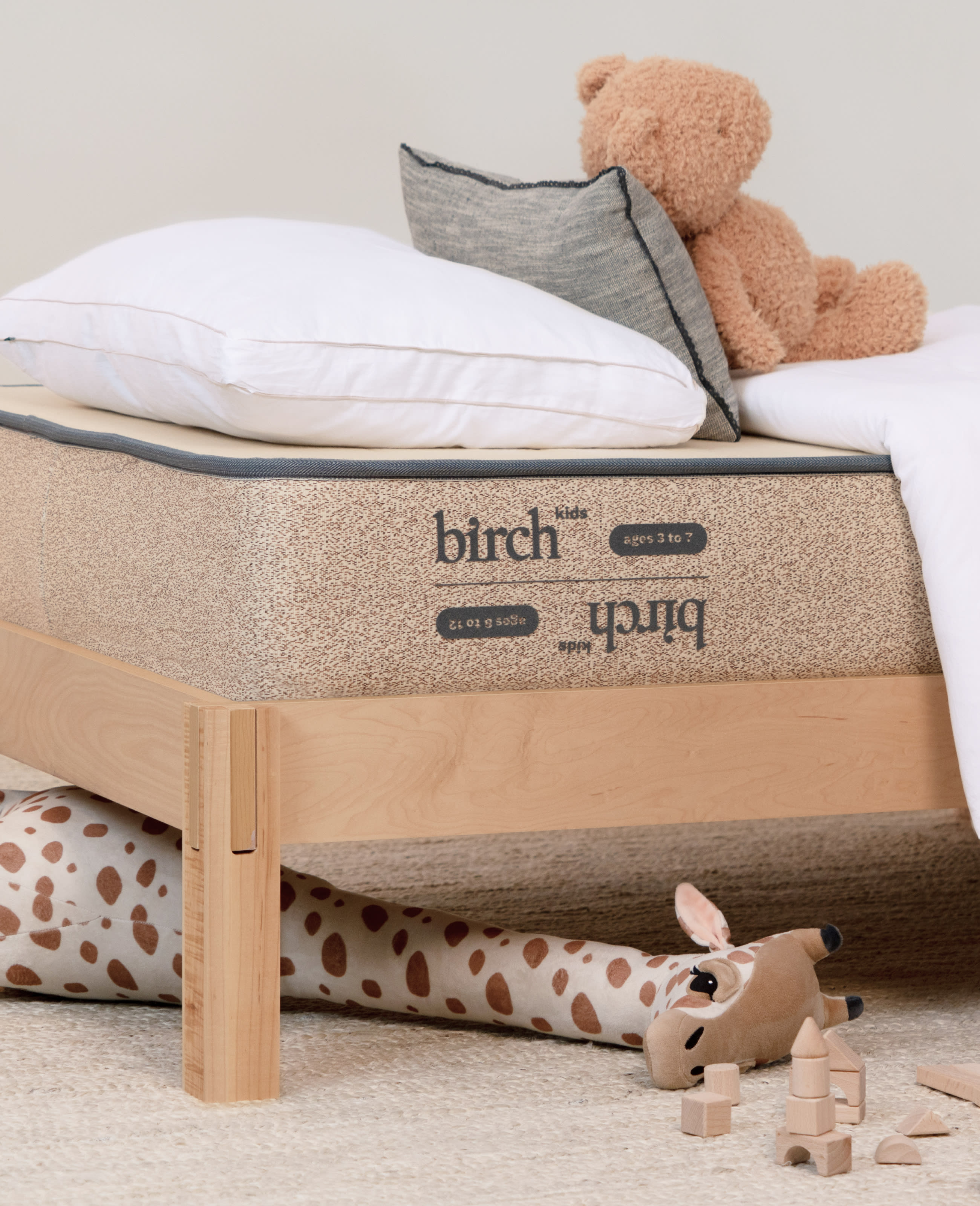 Birch Kids Mattress on a Birch Natural Wood Frame