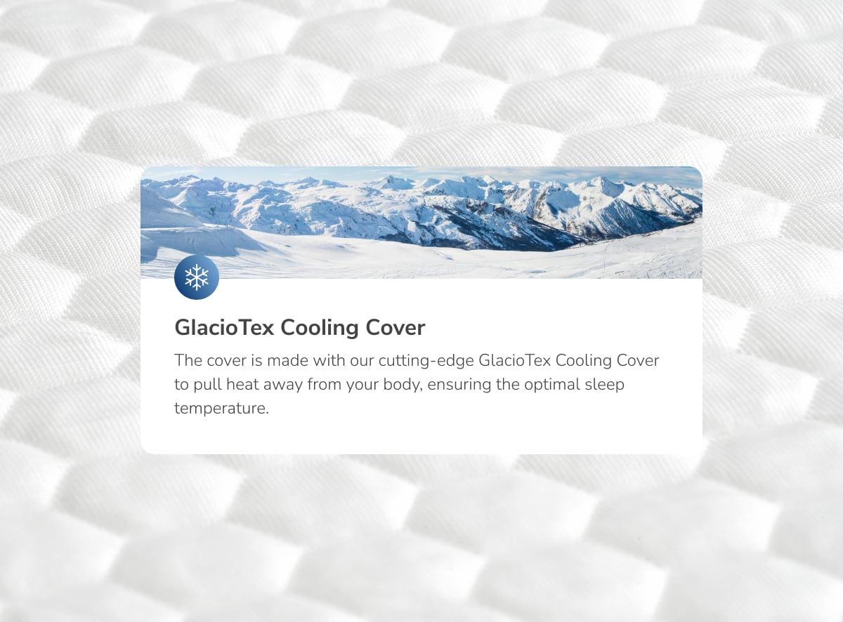 A closeup image describing the cool to the touch GlacioTex fabric used on the ErgoAlign Mattress Topper