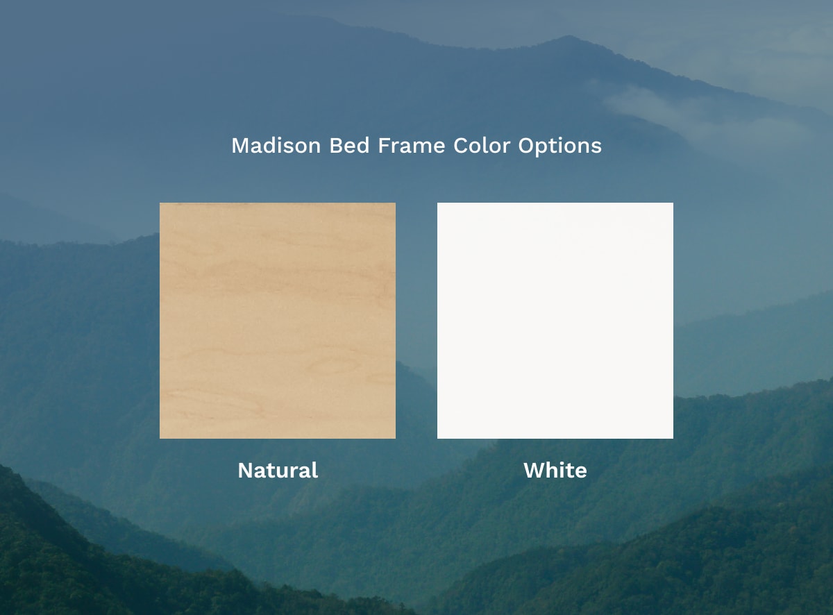 A rendered image featured the natural and white color options for the Madison Bed Frame