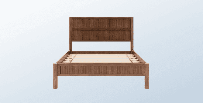 A rendered image of the Varick Bed Frame on a blue gradient background