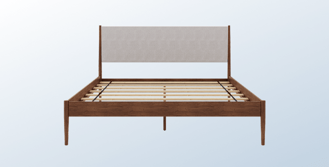 A product image of the Waverly Bed Frame on a blue background gradient