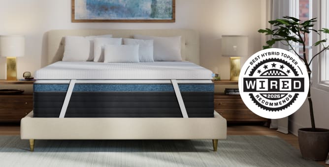 A rendered image of the Premium Mattress Topper with a Wired badge for best hybrid topper
