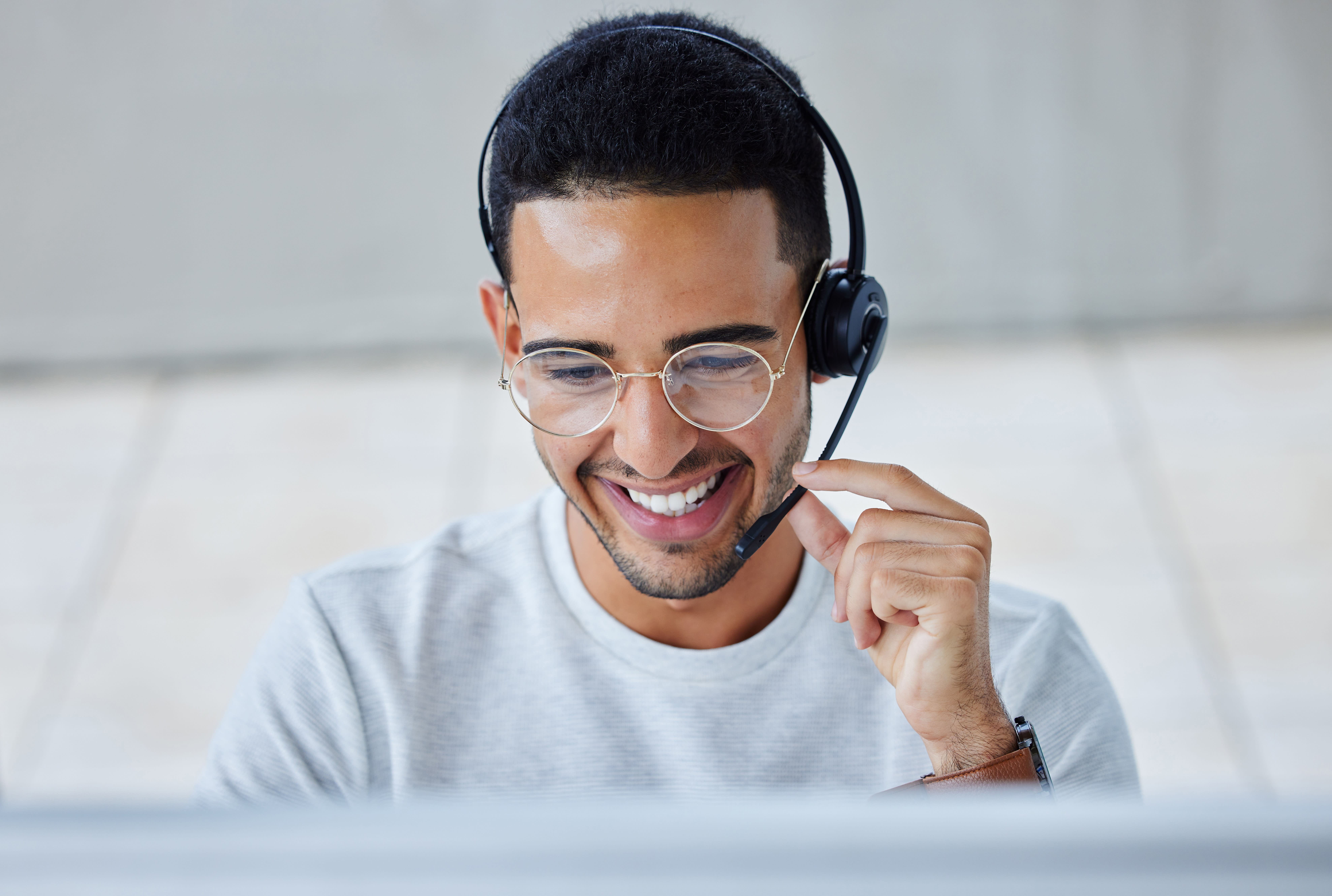 Man talking to customer service headset