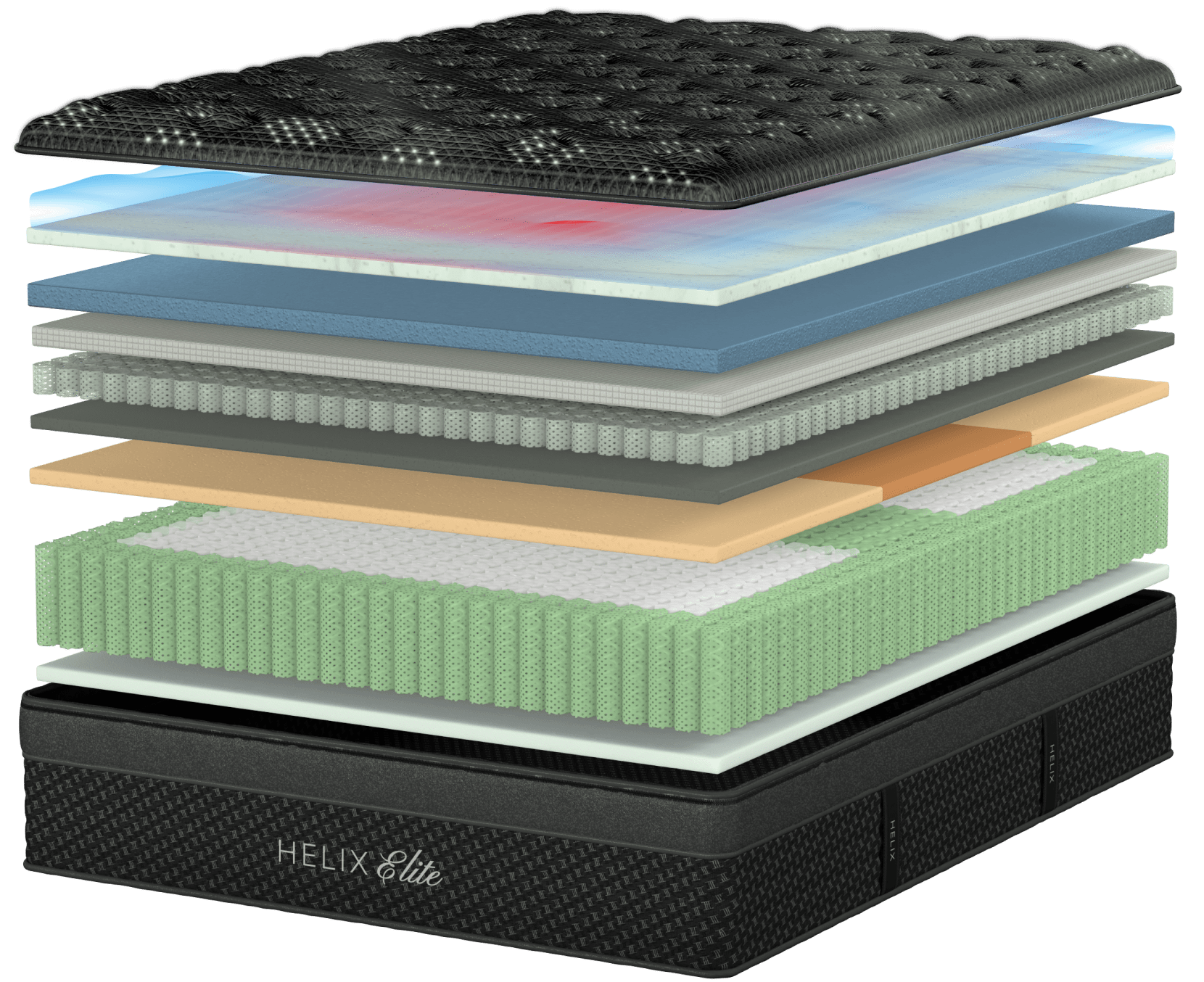 A render of the Dusk Elite mattress showing each individual layer